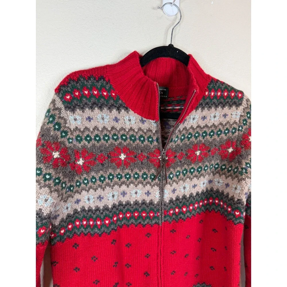 Lauren Ralph Lauren‎ Hand Knit Lambswool Fair Isle Full Zip Sweater Red Small